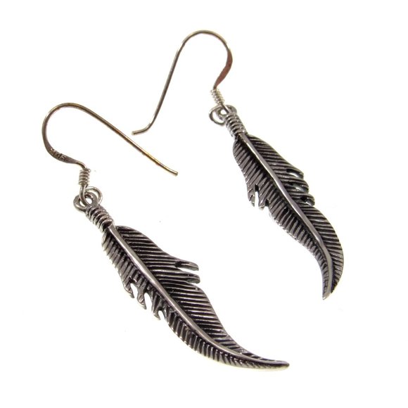 Handcrafted Solid 925 Sterling Silver Bird Feather Drop Dangle Hook Earrings - Picture 3 of 5